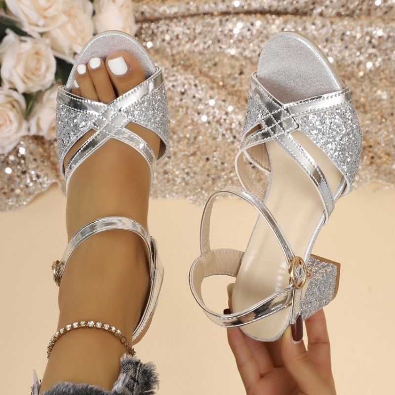 Women Fashion Trend 2026 - Women Block Heels Sandals Gold Sparkly