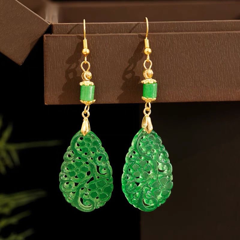 Women Fashion Jewellery - 925 Silver Natural Green Jade Hollow